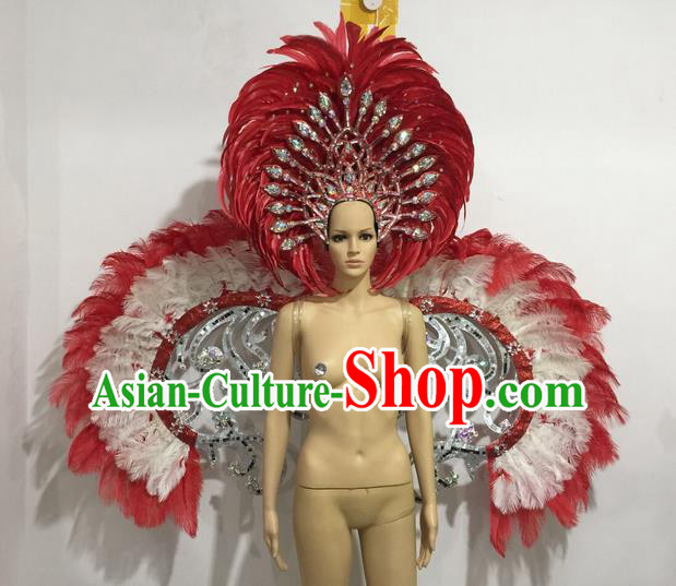 Top Grade Professional Performance Catwalks Red Feather Wings and Headwear, Brazilian Rio Carnival Samba Opening Dance Custom-made Customized Clothing for Women