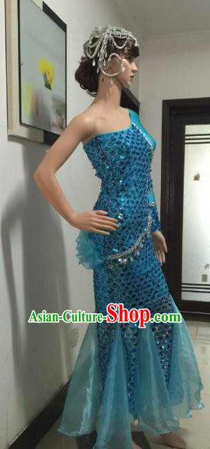 Top Grade Professional Performance Catwalks Costumes, Stage Show Brazil Carnival Samba Dance Peacock Blue Clothing for Women