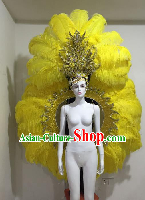 Top Grade Compere Professional Performance Catwalks Yellow Feather Wings and Headpiece Hair Accessories Decorations, Traditional Brazilian Rio Carnival Samba Opening Dance Suits Modern Fancywork Clothing for Women