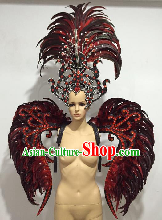 Top Grade Professional Stage Show Catwalks Red Feather Wings and Headwear, Brazilian Rio Carnival Samba Opening Dance Custom-made Customized Clothing for Women