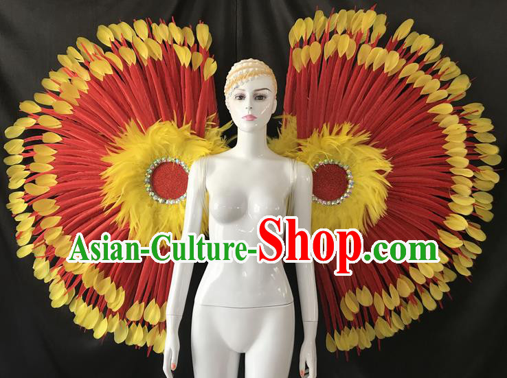 Top Grade Professional Stage Show Catwalks Red Feather Wings, Brazilian Rio Carnival Samba Opening Dance Custom-made Customized Props Clothing for Women