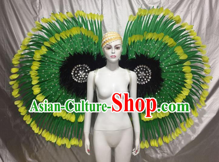 Top Grade Professional Stage Show Catwalks Green Feather Wings, Brazilian Rio Carnival Samba Opening Dance Custom-made Customized Props Clothing for Women