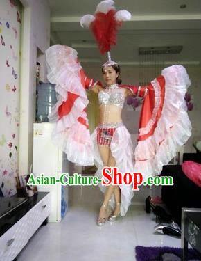 Top Grade Professional Stage Show Catwalks Halloween Dance Red Feather Costumes and Headpiece, Brazilian Rio Carnival Samba Opening Dance Dress Custom-made Customized Big Swing Clothing for Women