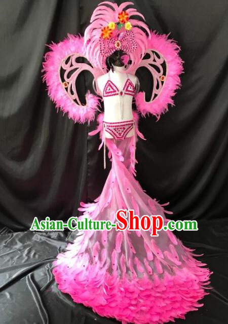 Top Grade Professional Stage Show Catwalks Halloween Dance Pink Feather Bikini Costumes and Headpiece, Brazilian Rio Carnival Samba Opening Dance Modern Fancywork Long Trailing Dress Clothing for Kids