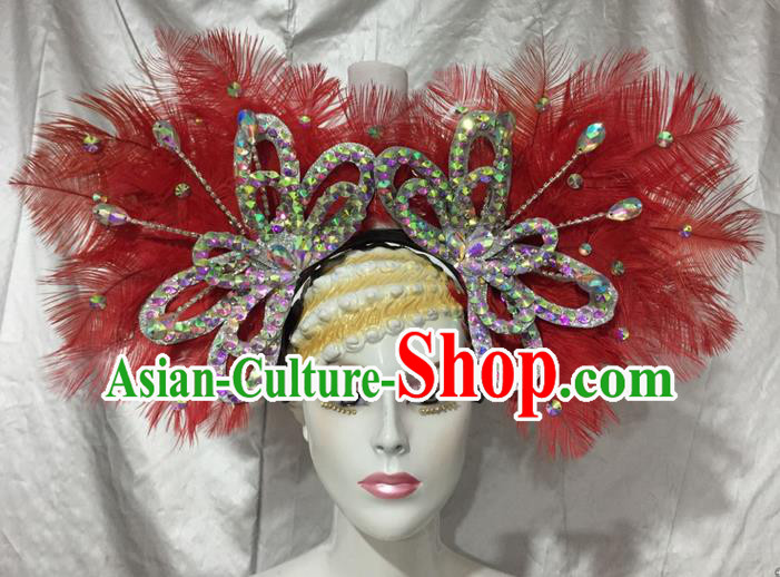 Top Grade Professional Stage Show Catwalks Brazil Crystal Headpiece, Brazilian Rio Carnival Samba Opening Dance Modern Fancywork Red Feather Headwear for Women