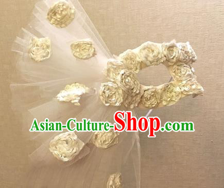 Top Grade Chinese Theatrical Luxury Headdress Ornamental White Textural Florals Mask, Halloween Fancy Ball Ceremonial Occasions Handmade Veil Face Mask for Women