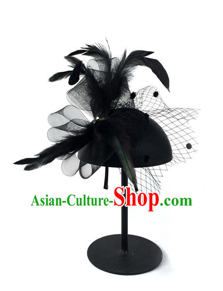 Top Grade Chinese Theatrical Luxury Vintage Hair Accessories Top Hat, Halloween Fancy Ball Asian Traditional Model Show Black Veil Headwear for Women