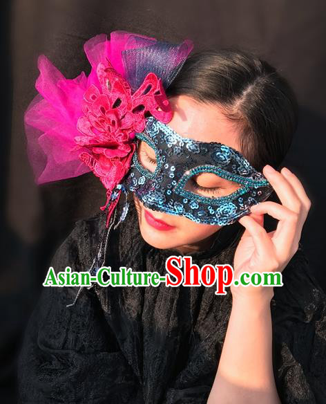 Top Grade Chinese Theatrical Luxury Headdress Ornamental Rosy Lace Mask, Halloween Fancy Ball Ceremonial Occasions Handmade Face Mask for Women