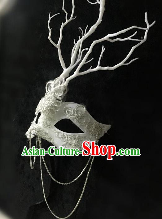 Top Grade Chinese Theatrical Luxury Headdress Ornamental White Lace Mask, Halloween Fancy Ball Ceremonial Occasions Handmade Branch Face Mask for Women