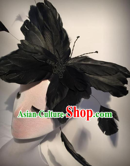 Top Grade Chinese Theatrical Luxury Headdress Ornamental Black Butterfly Hair Clasp, Halloween Fancy Ball Ceremonial Occasions Handmade Feather Hair Accessories for Women
