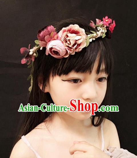 Top Grade Chinese Theatrical Headdress Ornamental Pink Flower Hair Clasp, Halloween Fancy Ball Ceremonial Occasions Handmade Headband for Women