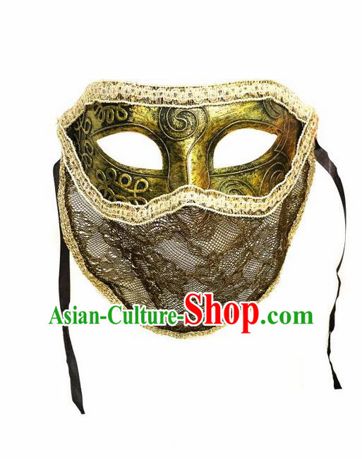 Top Grade Chinese Theatrical Headdress Ornamental Golden Mask, Halloween Fancy Ball Ceremonial Occasions Handmade Punk Face Mask for Men