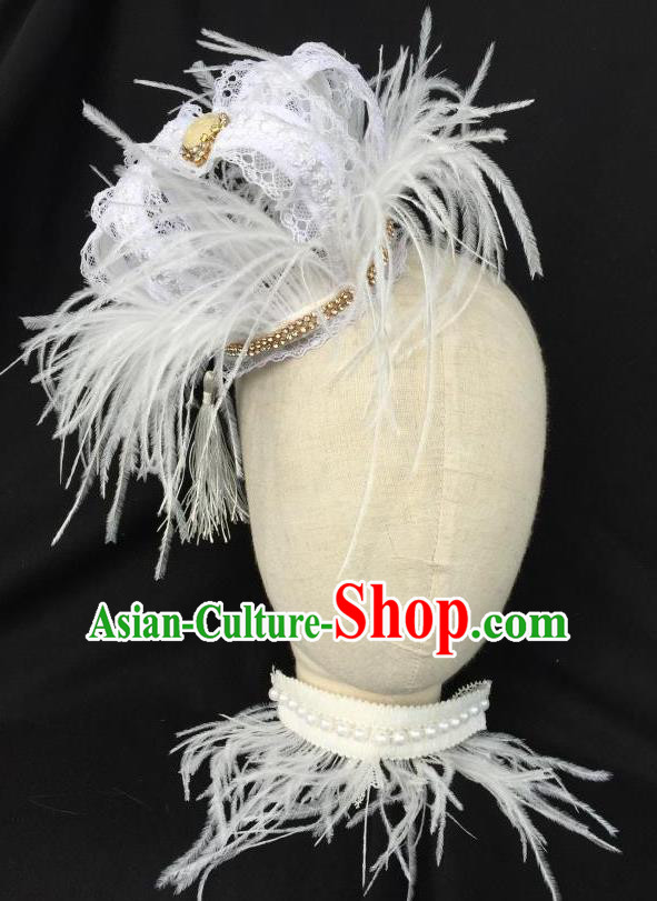 Top Grade Chinese Theatrical Headdress Traditional Ornamental Baroque White Feather Headwear, Brazilian Carnival Halloween Occasions Handmade Vintage Queen Royal Crown for Women