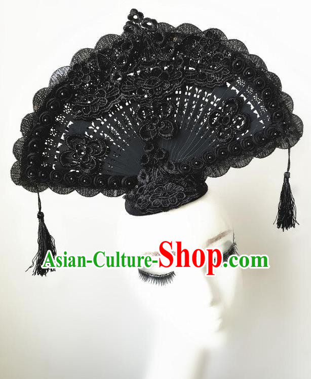 Top Grade Chinese Theatrical Headdress Ornamental Asian Headpiece Black Lace Fanshaped Floral Hair Accessories, Halloween Fancy Ball Ceremonial Occasions Handmade Headwear for Women