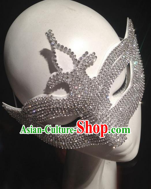 Top Grade Chinese Theatrical Traditional Ornamental Exaggerated Diamante Mask, Halloween Fancy Ball Ceremonial Occasions Handmade Bride Crystal Face Mask for Women