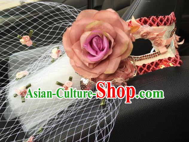 Top Grade Chinese Theatrical Headdress Ornamental Pink Flowers Mask, Asian Traditional Halloween Occasions Handmade Debutante Veil Mask for Women