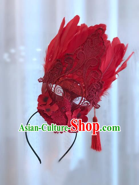 Top Grade Chinese Theatrical Headdress Ornamental Masquerade Red Feather Hair Accessories, Brazilian Carnival Halloween Occasions Handmade Miami Lace Headwear for Women