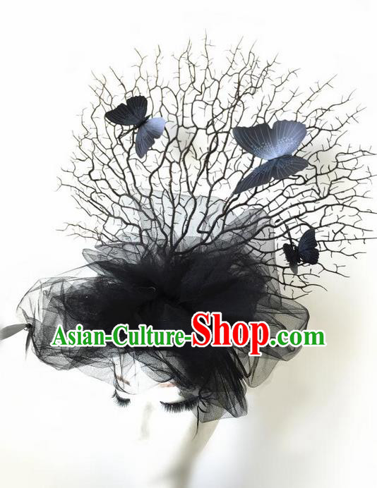 Top Grade Asian Headpiece Headdress Ornamental Branch Butterfly Hair Accessories, Brazilian Carnival Halloween Occasions Handmade Miami Black Veil Headwear for Women
