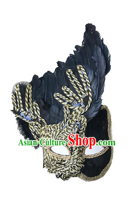 Top Grade Asian Headpiece Headdress Ornamental Mask, Brazilian Carnival Halloween Occasions Handmade Miami Black Feather Mask for Women