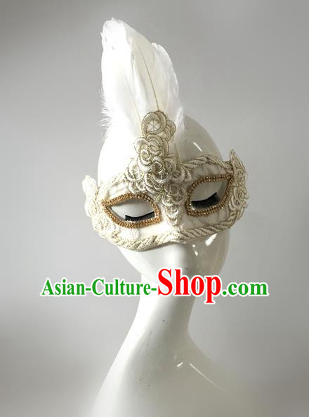 Top Grade Miami Deluxe White Feather Mask, Halloween Brazilian Carnival Occasions Model Show Handmade Face Mask for Men