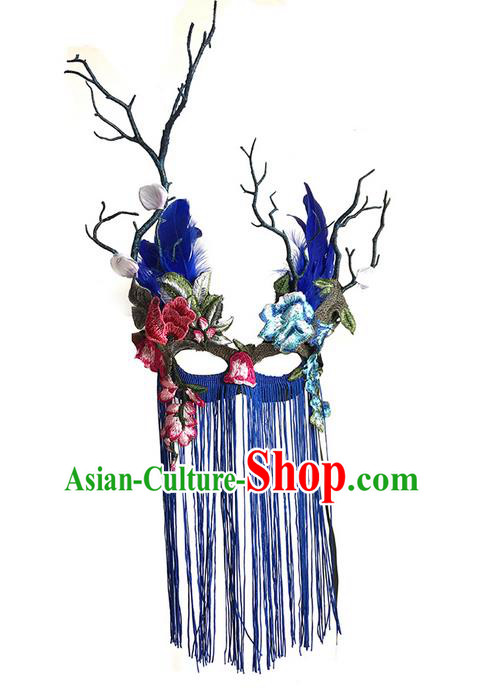 Top Grade Asian Headpiece Headdress Ornamental Embroidery Mask, Brazilian Carnival Halloween Occasions Handmade Miami Vintage Blue Tassel Mask for Women