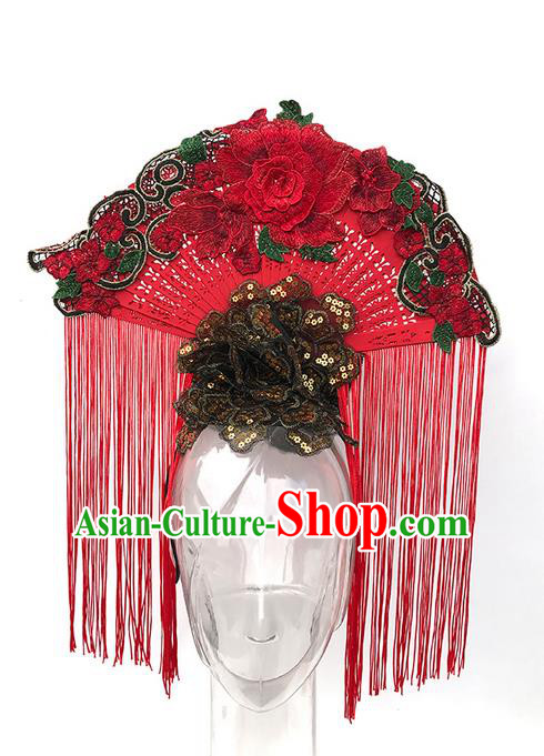 Top Grade Asian China Headpiece Ornamental Fan Hair Accessories, Traditional China Manchu Princess Flowers Floral Headdress Occasions Handmade Headwear for Women