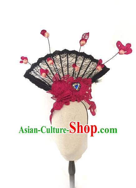 Top Grade Asian China Fan Hair Accessories, Traditional China Manchu Princess Flowers Floral Headdress Occasions Handmade Rosy Lace Headwear for Women