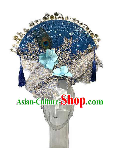 Top Grade Asian China Fan Embroidery Hair Accessories, Traditional China Manchu Princess Flowers Floral Headdress Occasions Handmade Blue Headwear for Women