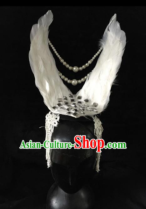Top Grade Miami Feathers Deluxe Pearls Hair Accessories, Halloween White Feather Headdress Brazilian Carnival Occasions Handmade Headwear for Women