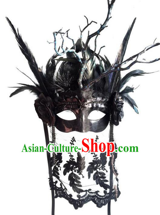 Top Grade Miami Deluxe Black Branch Crystal Mask, Halloween Headdress Brazilian Carnival Occasions Handmade Feather Face Mask for Women