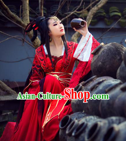 Traditional Ancient Chinese Swordswoman Fairy Dance Costume, Chinese Tang Dynasty Imperial Princess Wedding Dress Hanfu Embroidered Red Clothing for Women