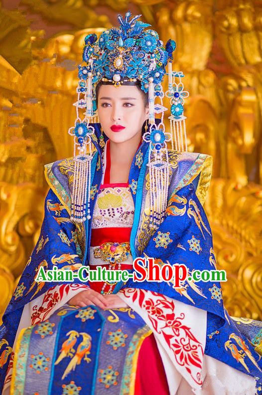 Traditional Ancient Chinese Imperial Empress Costume and Handmade Headpiece Complete Set, China Song Dynasty Queen Phoenix Coronet Embroidered Dress Clothing