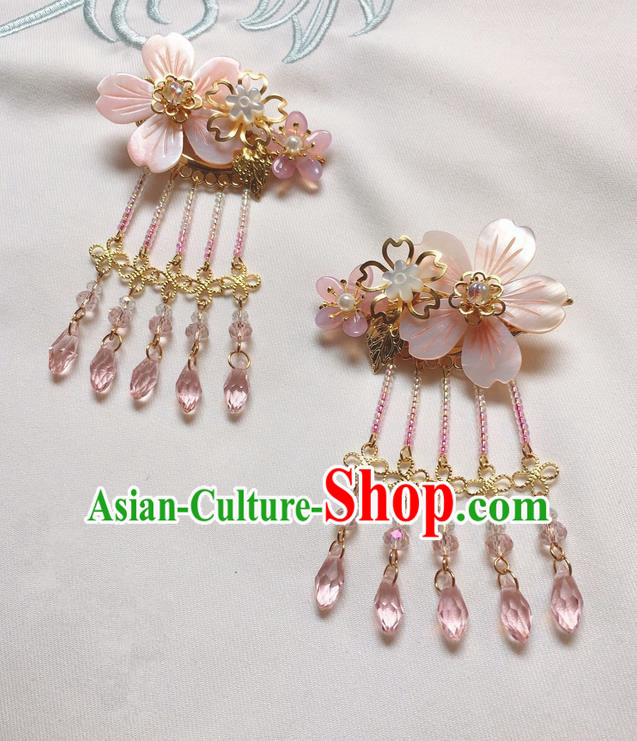 Asian Chinese Traditional Headdress Shell Tassel Hairpins, China Ancient Handmade Bride Flowers Hanfu Step Shake Hair Stick Headwear for Women
