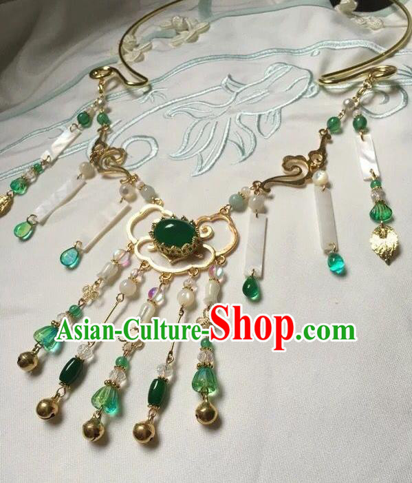 Asian Chinese Traditional Headdress Green Agate Tassel Necklace, China Ancient Handmade Bride Hanfu Collar Necklet for Women