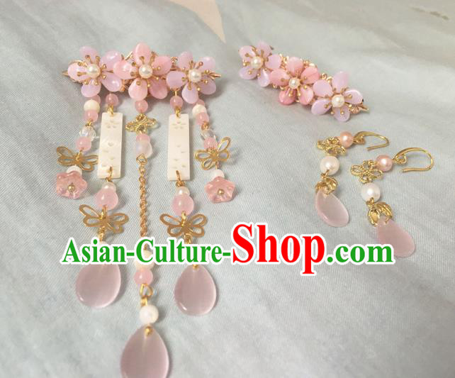 Asian Chinese Traditional Headdress Pink Jade Hair Accessories Hairpins, China Ancient Handmade Bride Hanfu Tassel Step Shake Headwear for Women