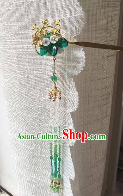 Asian Chinese Traditional Headdress Green Agate Hair Accessories Hairpins, China Ancient Handmade Bride Hanfu Tassel Step Shake Headwear for Women