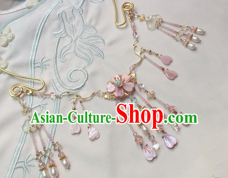 Asian Chinese Traditional Headdress Pink Shell Tassel Necklace, China Ancient Handmade Bride Hanfu Collar Necklet for Women