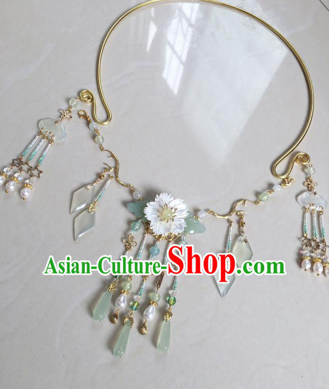 Asian Chinese Traditional Headdress Overgild Tassel Necklace, China Ancient Handmade Bride Hanfu Hsiuyen Jade Collar Necklet for Women