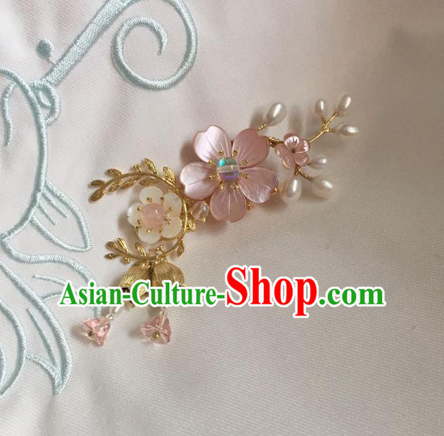 Asian Chinese Traditional Headdress Shell Hair Accessories Hairpins, China Ancient Handmade Bride Hanfu Pink Crystal Flowers Hair Stick Headwear for Women