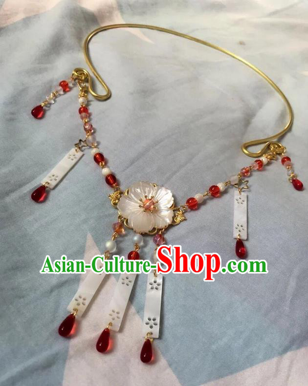 Asian Chinese Traditional Headdress Pearls Tassel Necklace, China Ancient Handmade Bride Hanfu Red Crystal Collar Necklet for Women