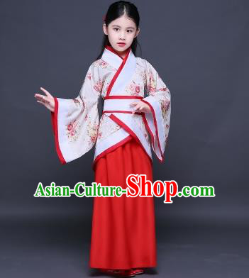 Traditional Ancient Chinese Imperial Princess Costume, Children Elegant Hanfu Clothing Chinese Han Dynasty Red Curve Bottom Dress Clothing for Kids