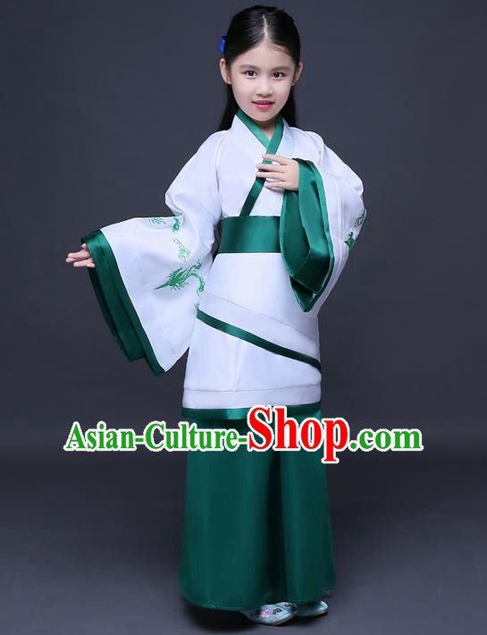 Traditional Ancient Chinese Imperial Princess Printing Phoenix Costume, Children Elegant Hanfu Clothing Chinese Han Dynasty Green Curve Bottom Dress Clothing for Kids