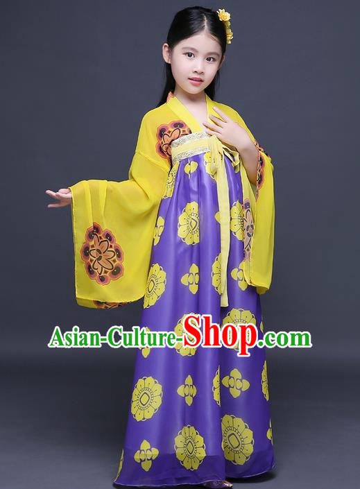 Traditional Ancient Chinese Imperial Princess Fairy Printing Phoenix Costume, Children Elegant Hanfu Clothing Chinese Tang Dynasty Purple Ruqun Dress Clothing for Kids