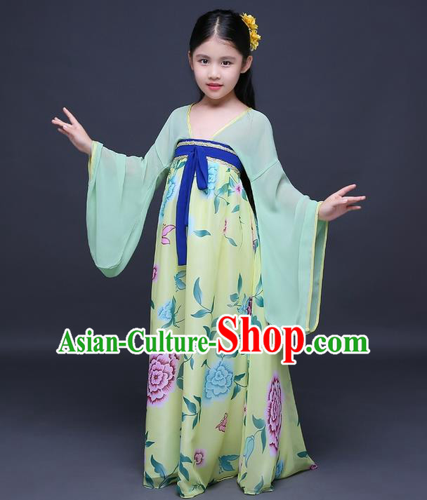 Traditional Ancient Chinese Imperial Princess Fairy Printing Phoenix Costume, Children Elegant Hanfu Clothing Chinese Tang Dynasty Green Ruqun Dress Clothing for Kids