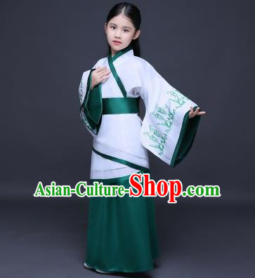 Traditional Ancient Chinese Imperial Princess Fairy Printing Costume, Children Elegant Hanfu Clothing Han Dynasty Green Curve Bottom Dress Clothing for Kids