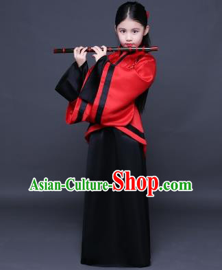 Traditional Ancient Chinese Imperial Princess Fairy Printing Costume, Children Elegant Hanfu Clothing Han Dynasty Black Curve Bottom Dress Clothing for Kids