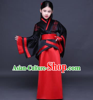 Traditional Ancient Chinese Imperial Princess Fairy Embroidery Costume, Children Elegant Hanfu Clothing Han Dynasty Black Curve Bottom Dress Clothing for Kids