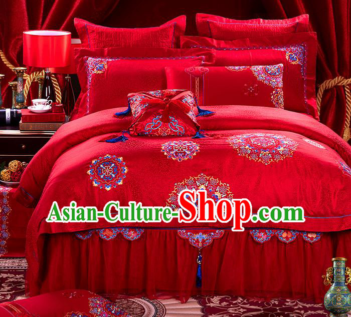 Traditional Asian Chinese Style Wedding Article Embroidery Satin Drill Bedding Sheet Complete Set, Duvet Cover Red Textile Bedding Suit