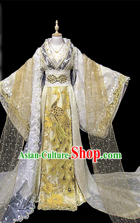 Traditional Ancient Chinese Female Imperial Concubine Embroidered Costume, Chinese Han Dynasty Imperial Fairy Golden Dress Hanfu Clothing for Women