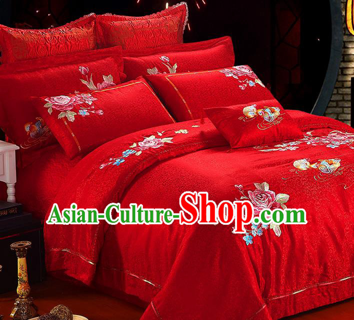 Traditional Asian Chinese Style Wedding Article Embroidery Peony Satin Drill Bedding Sheet Complete Set, Duvet Cover Mandarin Duck Red Lace Textile Bedding Ten-piece Suit